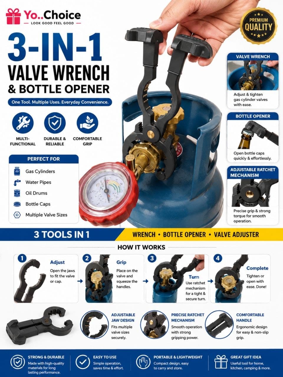 3-In-1 Valve Wrench And Bottle Opener - Adjustable Ratchet Mechanism, Bottle Opener, Gas Cylinder Valve Adjuster E016SN