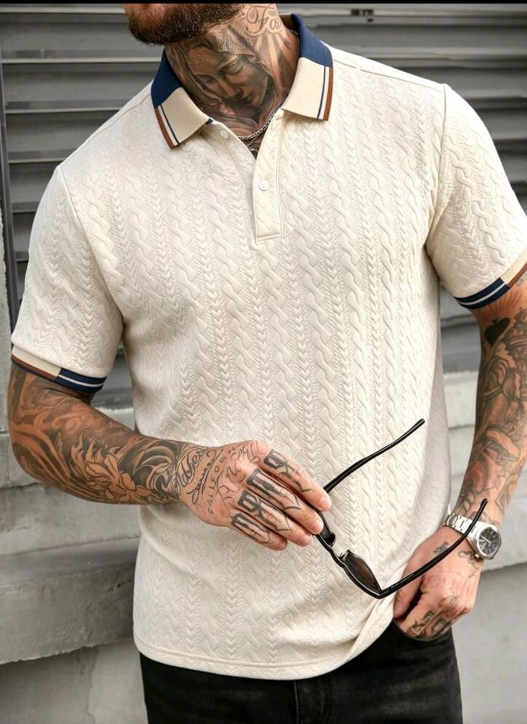 EGENSIO Men's Knitted Jacquard Solid Color Collar & Cuff Ribbed 2-Button Polo Shirt #SN