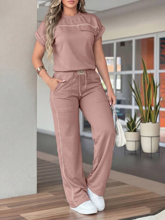L121SN Women's Solid Color Top & High-Waist Straight-Leg Pants Set