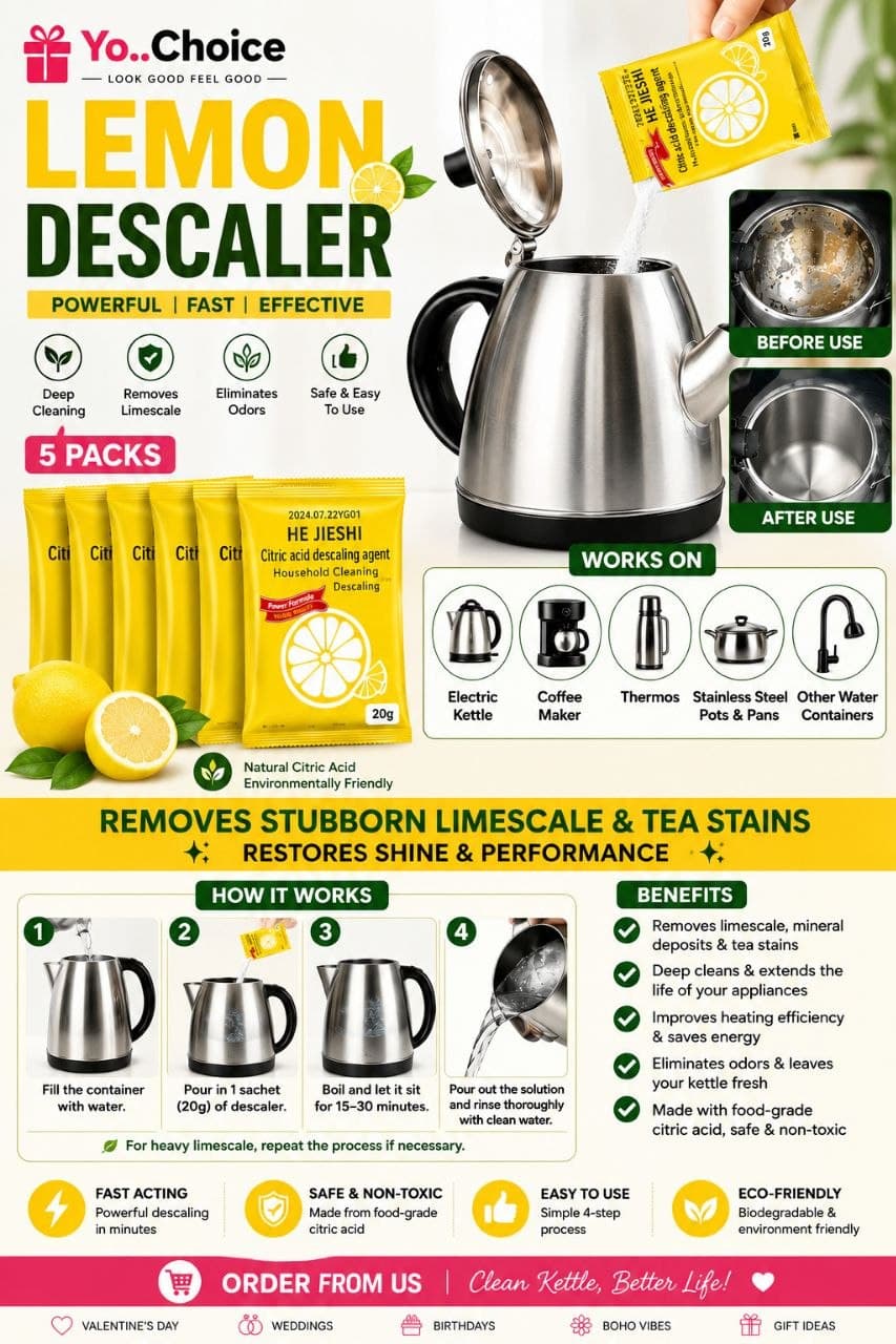 5 SATCHETS Lemon Descaler, Household Electric Kettle Limescale Cleaner, Tea Stain Remover, Decontamination Agent, Deep Cleaning Kettle E015SN