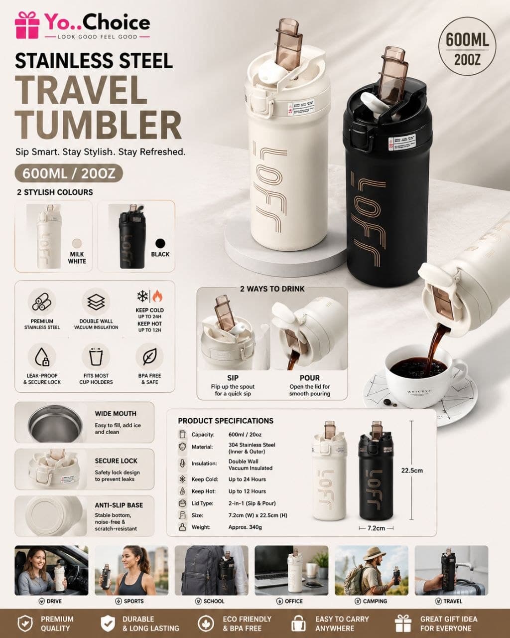 600ml Stainless Steel Travel Tumbler, Suitable For Cold & Hot Drinks E023SN