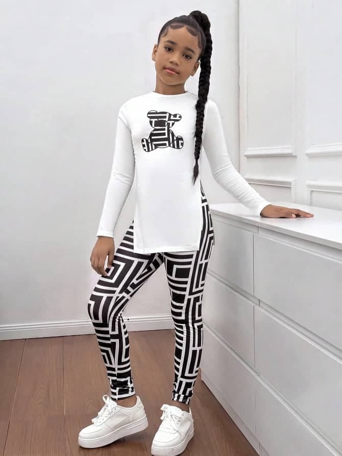 L013SN Tween Girls 2-Piece Bear Print Outfit
