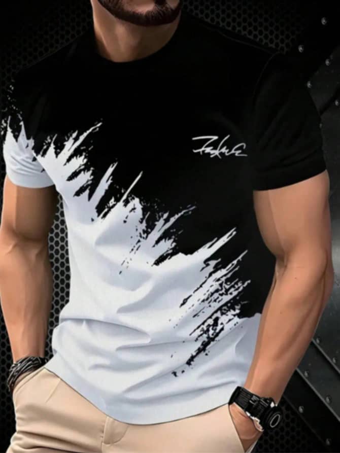 L076SN Men's 3D Black & White Contrast Print T-Shirt