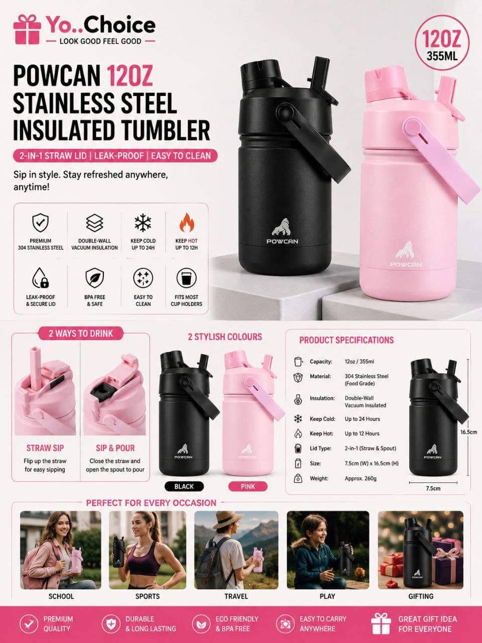 Powcan 12oz Stainless Steel Insulated Tumbler: 2-In-1 Straw Lid, Leak-Proof Thermal Cup E024SN