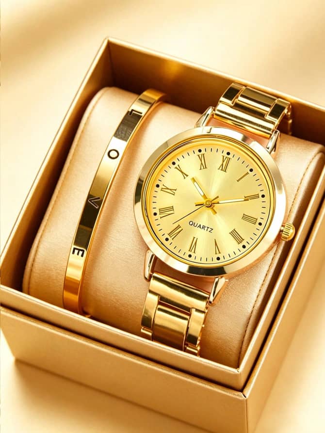 Women's Gold Watch & Bracelet Set