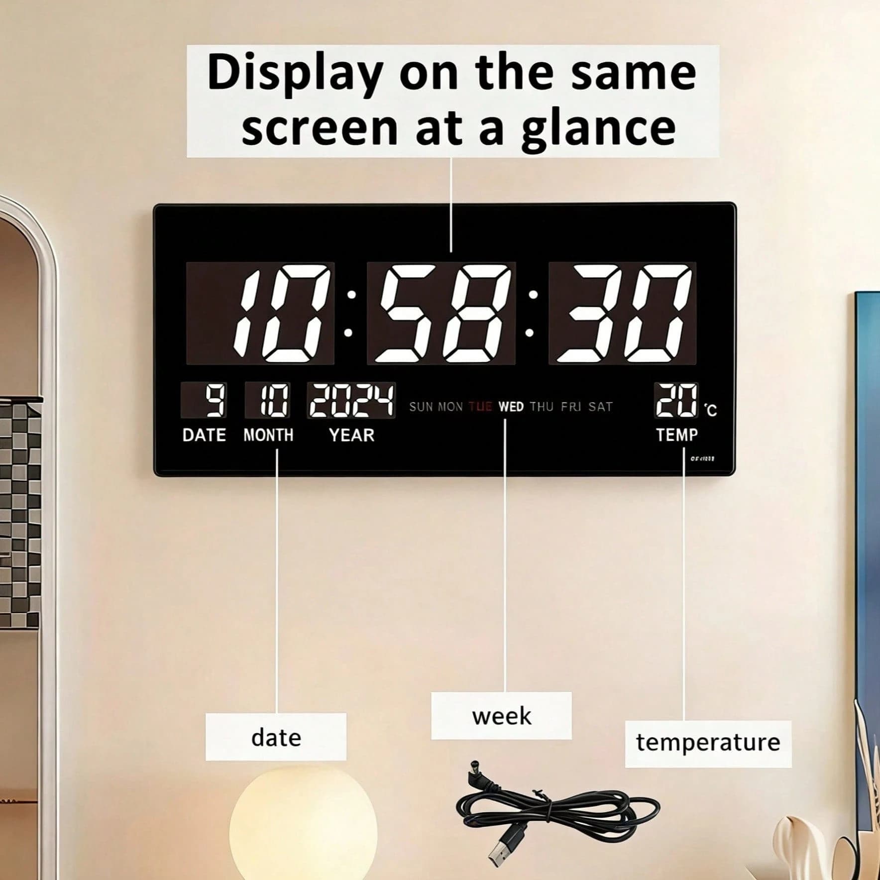 Large Digital LED Wall Clock with Temperature, Time & Date Display, Power Failure Memory Function – 22cm x 46cm x 3cm