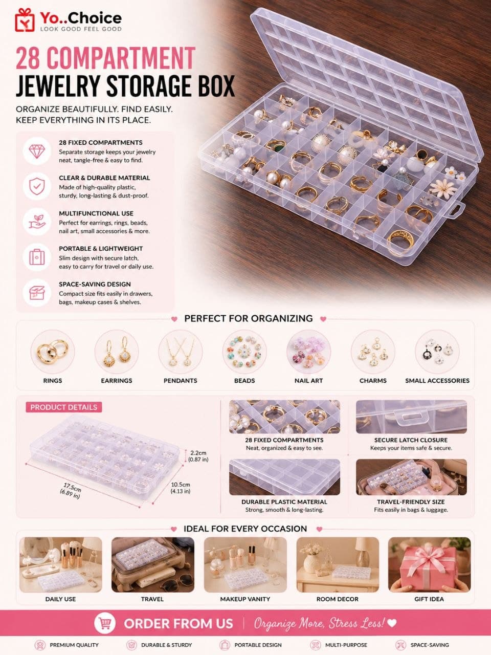 Multi-Purpose Clear Plastic Storage Box, Including 28 Fixed Compartments E013SN