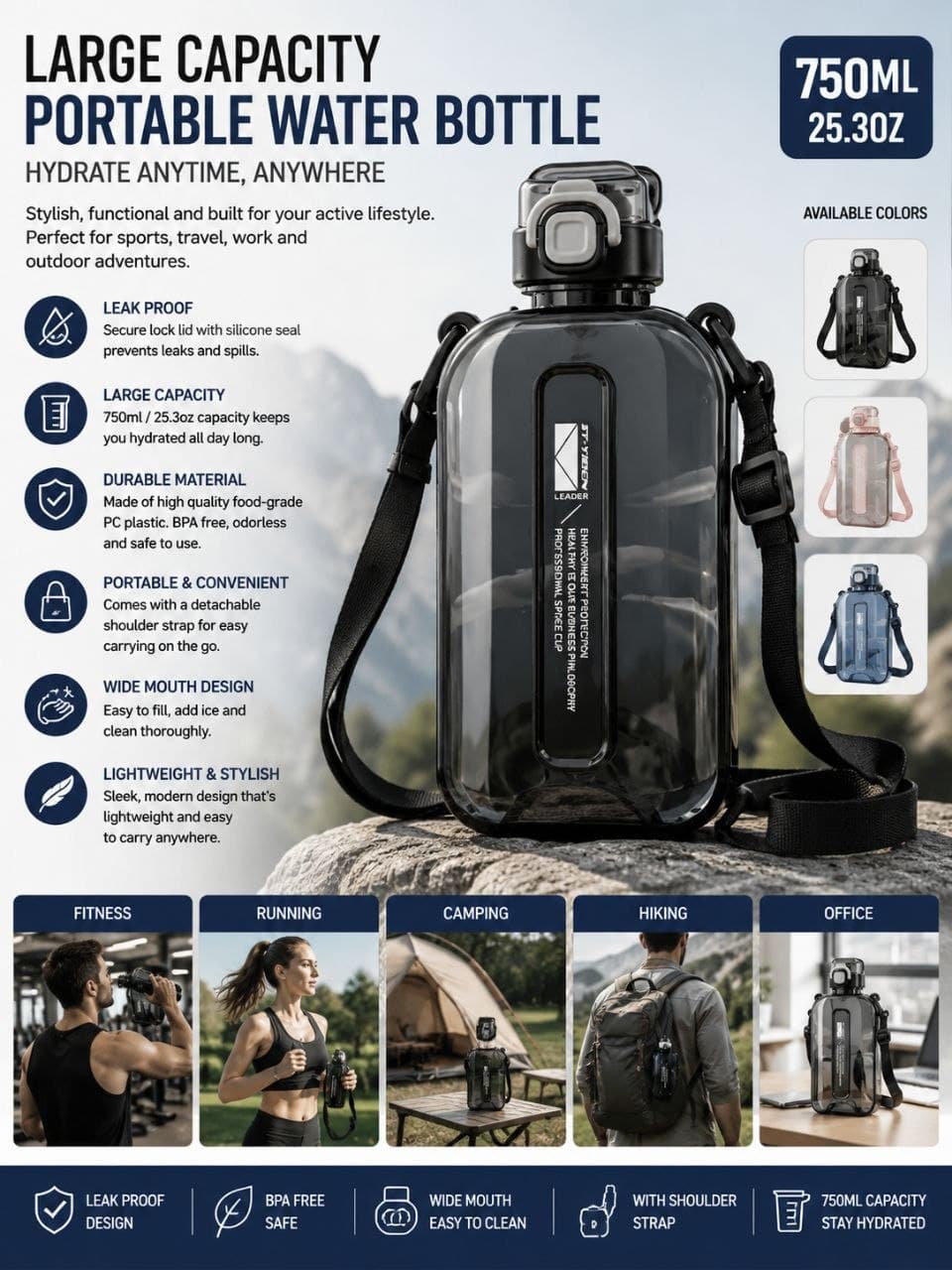 750ML Large Capacity Portable Transparent Water Bottle, Leak Proof Sports Water Bottle With Shoulder Strap F003SN