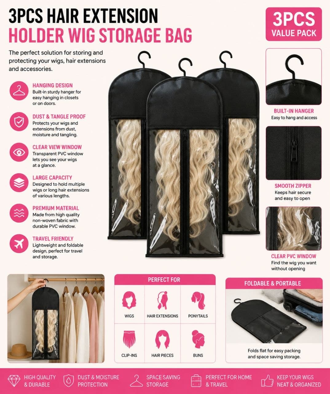 3PCS Hair Extension Holder Wig Storage For Multiple Wigs Holder Wig Bags Storage With Hanger E004SN