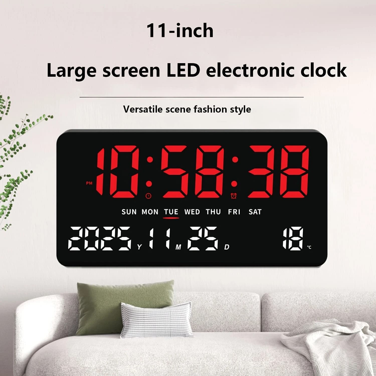 11-Inch HD LED Large Screen Digital Clock with Temperature Display, Multi-Function Desktop & Wall Mount Design – 26cm x 13cm x 3cm