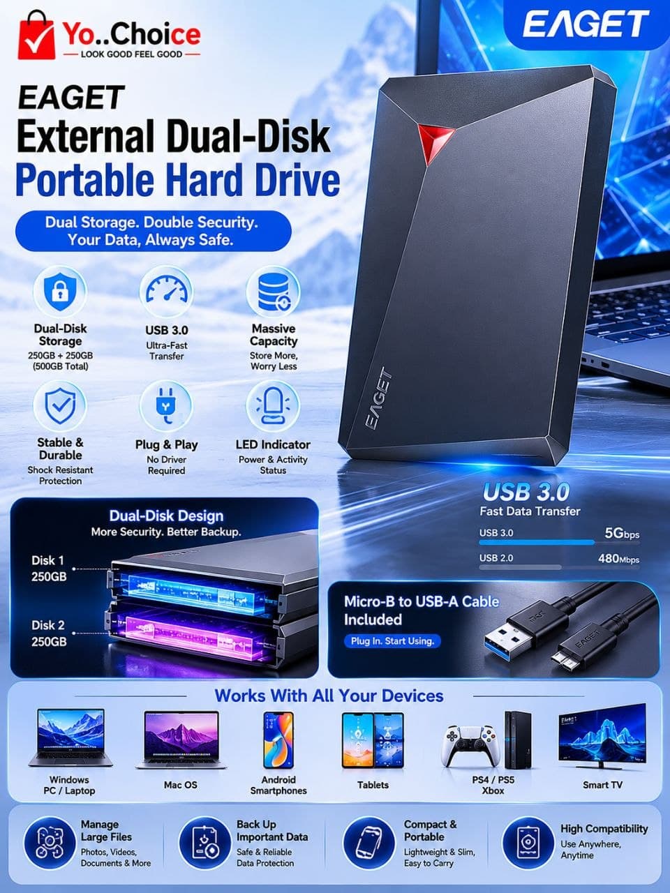 EAGET Portable Hard Drive, Dual-Disk Storage, 500GB (250GB+250GB) C009SN