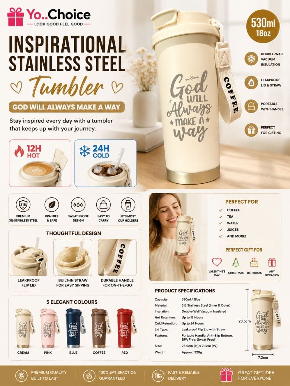 530ml Inspirational Stainless Steel Tumbler With "God Will Always Make A Way" Uplifting Design - Double-Wall Vacuum Insulated Travel Mug, Leakproof Lid & Straw, 12H Hot/24H Cold, Portable With Handle E020SN