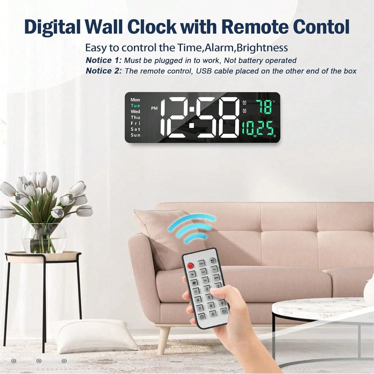16-Inch LED Digital Wall Clock with Time, Date, Day & Temperature Display, Remote Control, Auto Dimming, Timer, 12/24H Format – 13cm x 38.9cm