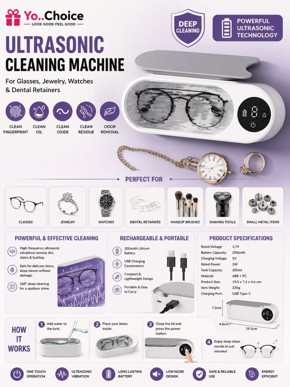 Ultrasonic Cleaning Machine For Glasses, Jewelry, Watches, And Dental Retainers - Rechargeable Lithium Battery E017SN