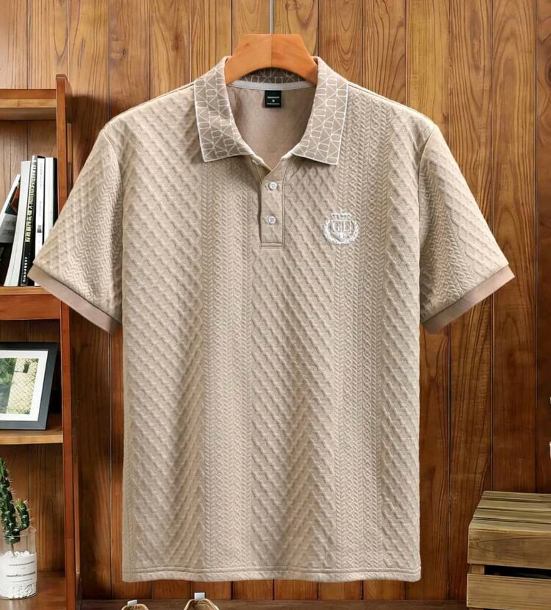 EGENSIO Men's Summer Casual Textured Ribbed Short Sleeve Polo Shirt Men Buttoned Knitted Polo College Style Pattern Polo Men -Apricot. #SN