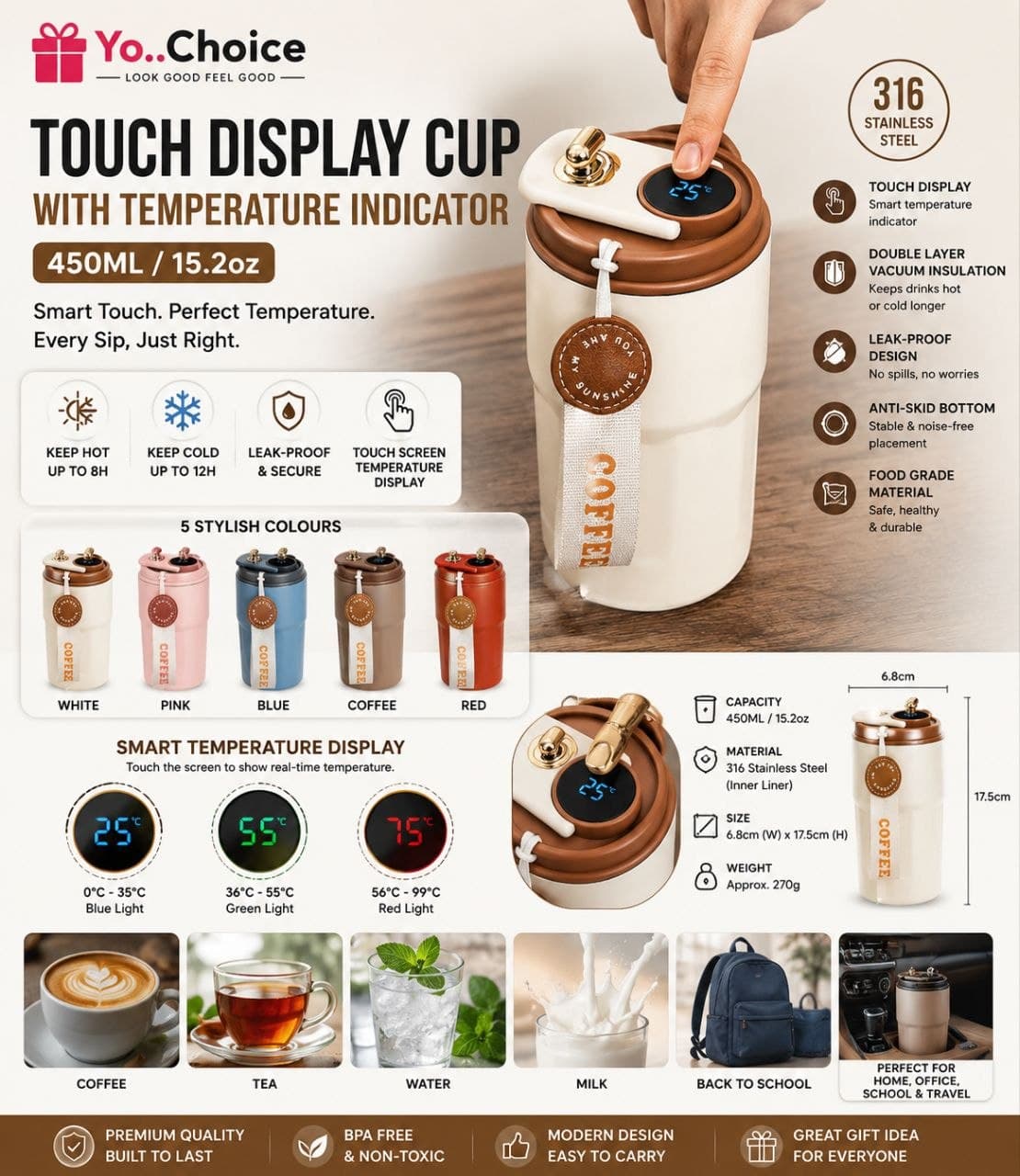 450ML/15.2oz Touch Display Cup With Temperature Indicator, 316 Stainless Steel Double-Layer Leak-Proof Thermal Bottle, E019SN