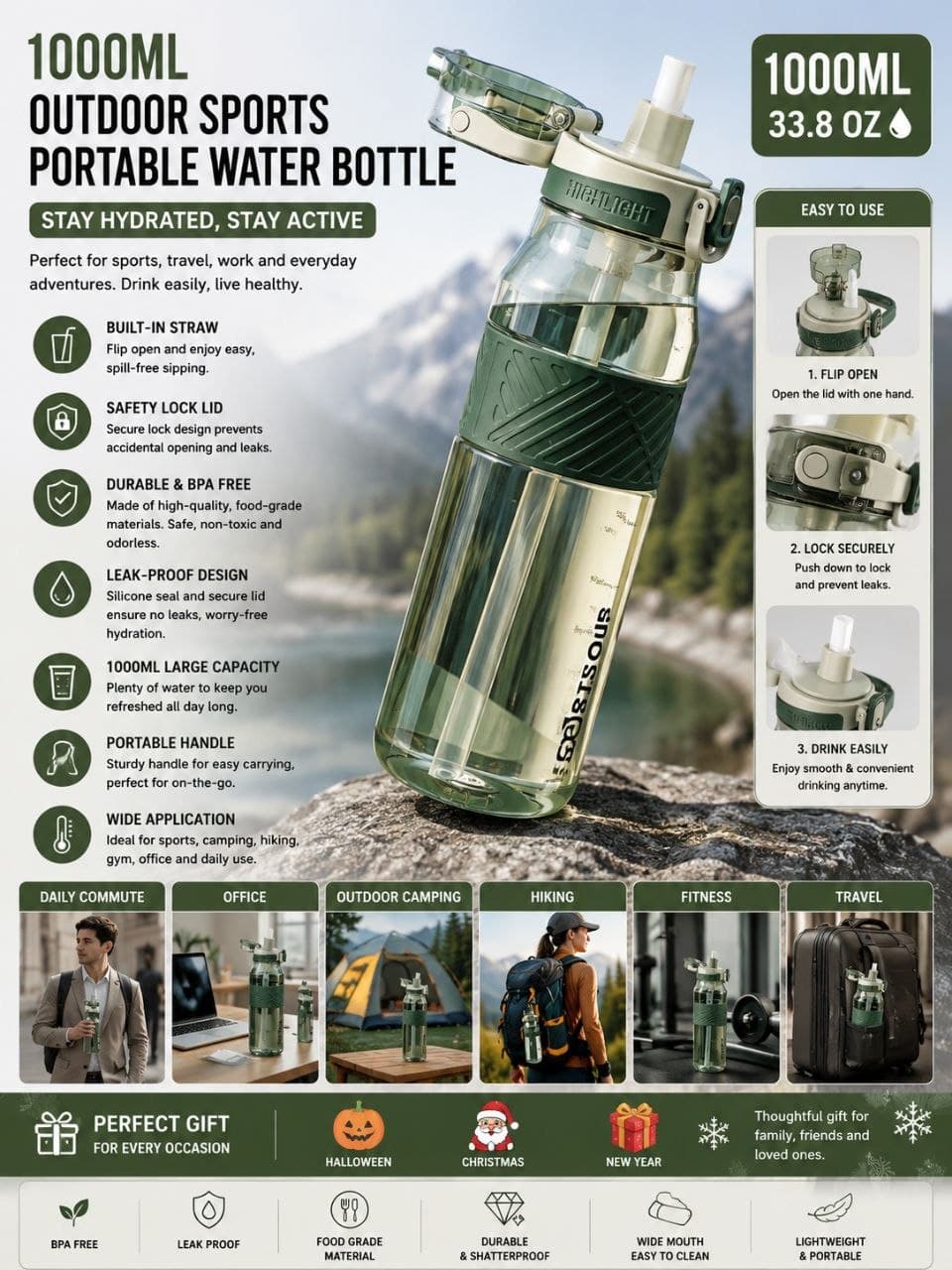 1000mlOutdoor Sports Portable Water Bottle With Straw, Durable, Green With Safety Lid And Handle F004SN