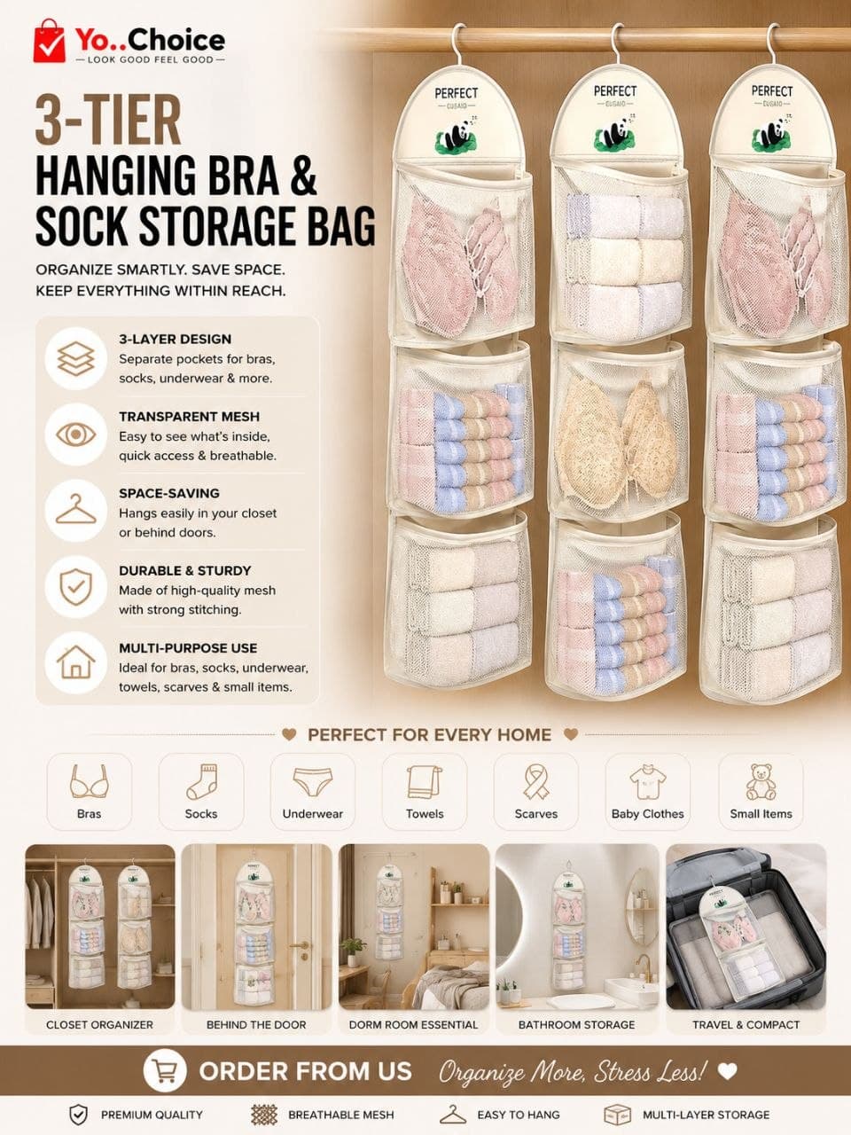 1PC Large Capacity Mesh Breathable Clear Hanging Wall Mounted Bra Sock Lingerie Storage Bag E010SN