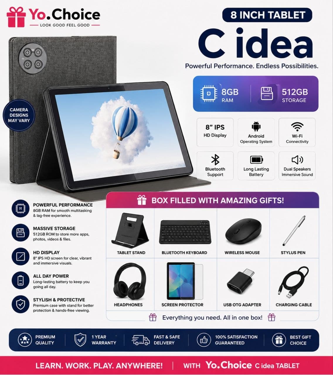 C idea Smart Tablet Pc 8 inch 8GB + 512GB J006LL